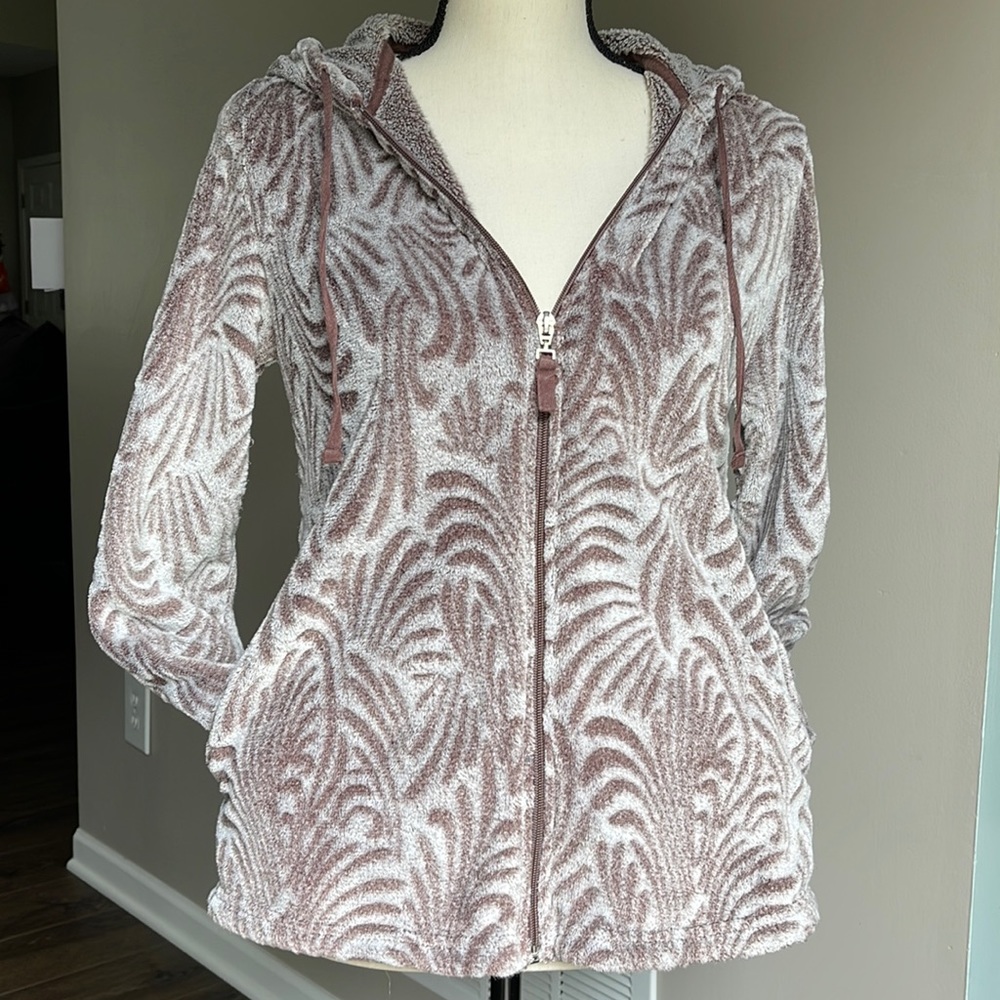 Stan Herman Taupe & Light Brown Soft Plush Full Zip Hoodie  Size Small